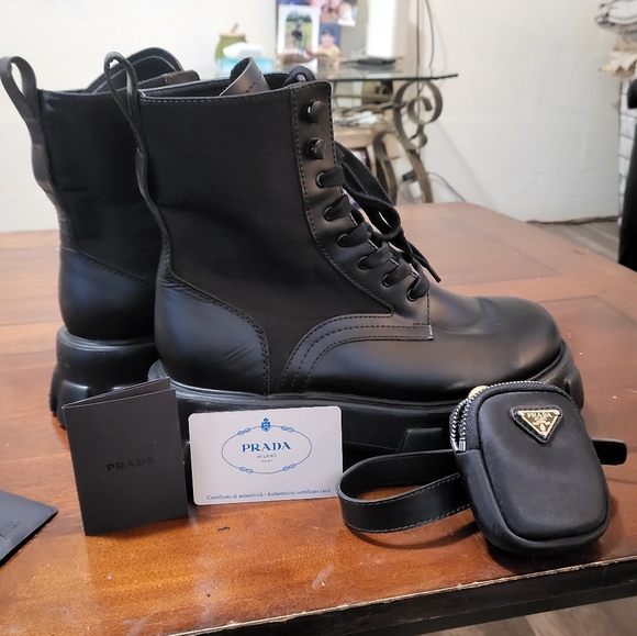 Prada Monolith Leather and Re-Nylon Boots with Pouch - Picture 1 of 16